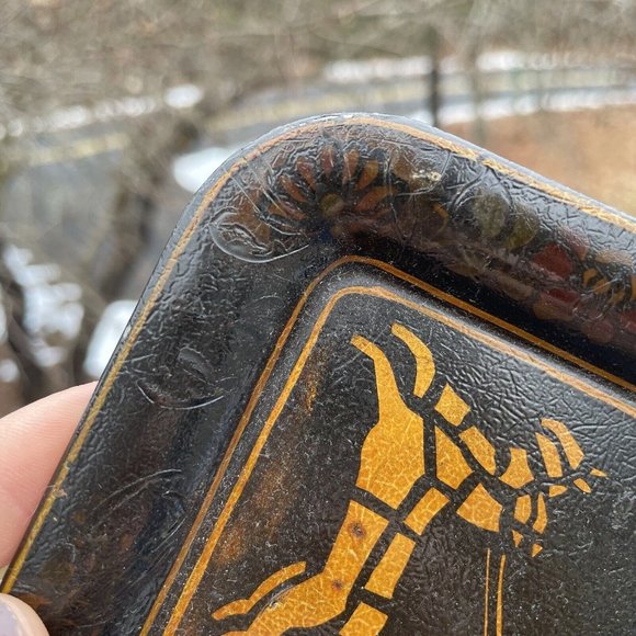 Vintage Hand Painted Toleware Rectangular Diminutive Tray Tip Snack Black Gold - Picture 12 of 16